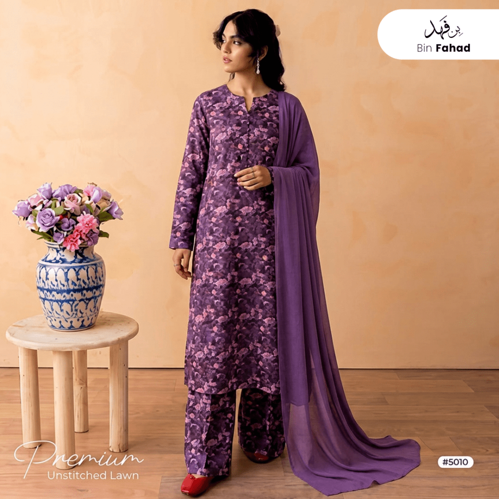 3pcs Premium Lawn Unstitched D-5010 - Bin Fahad