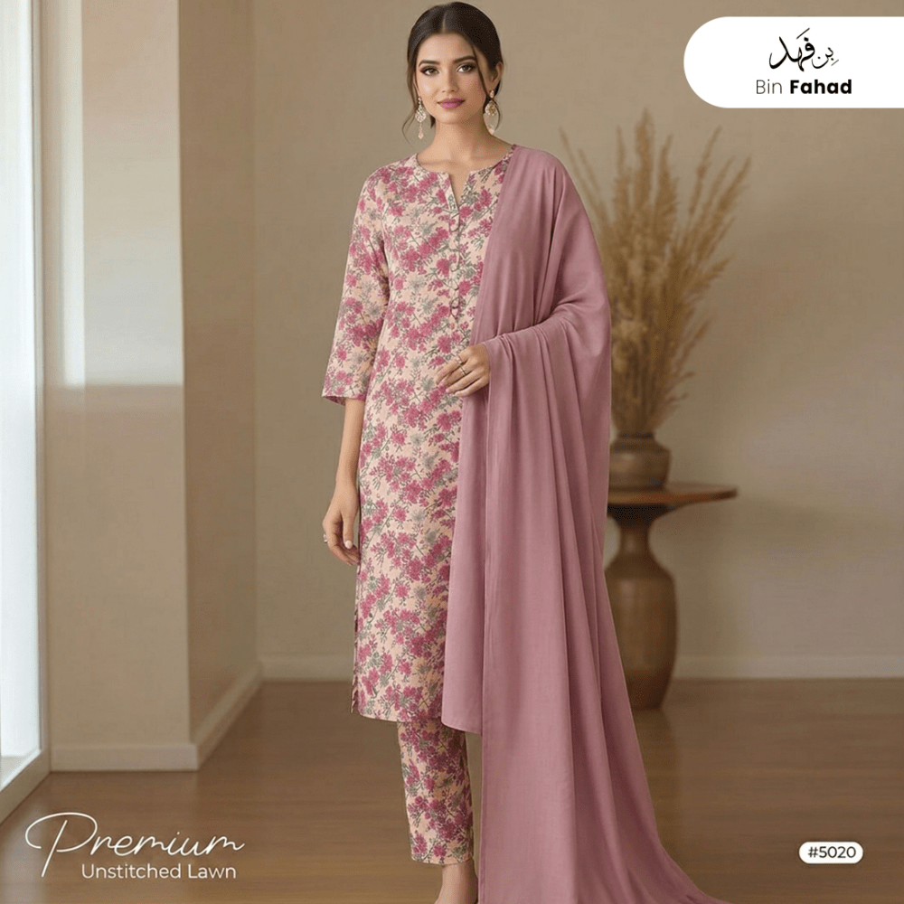 3pcs Premium Lawn Unstitched D-5020 - Bin Fahad