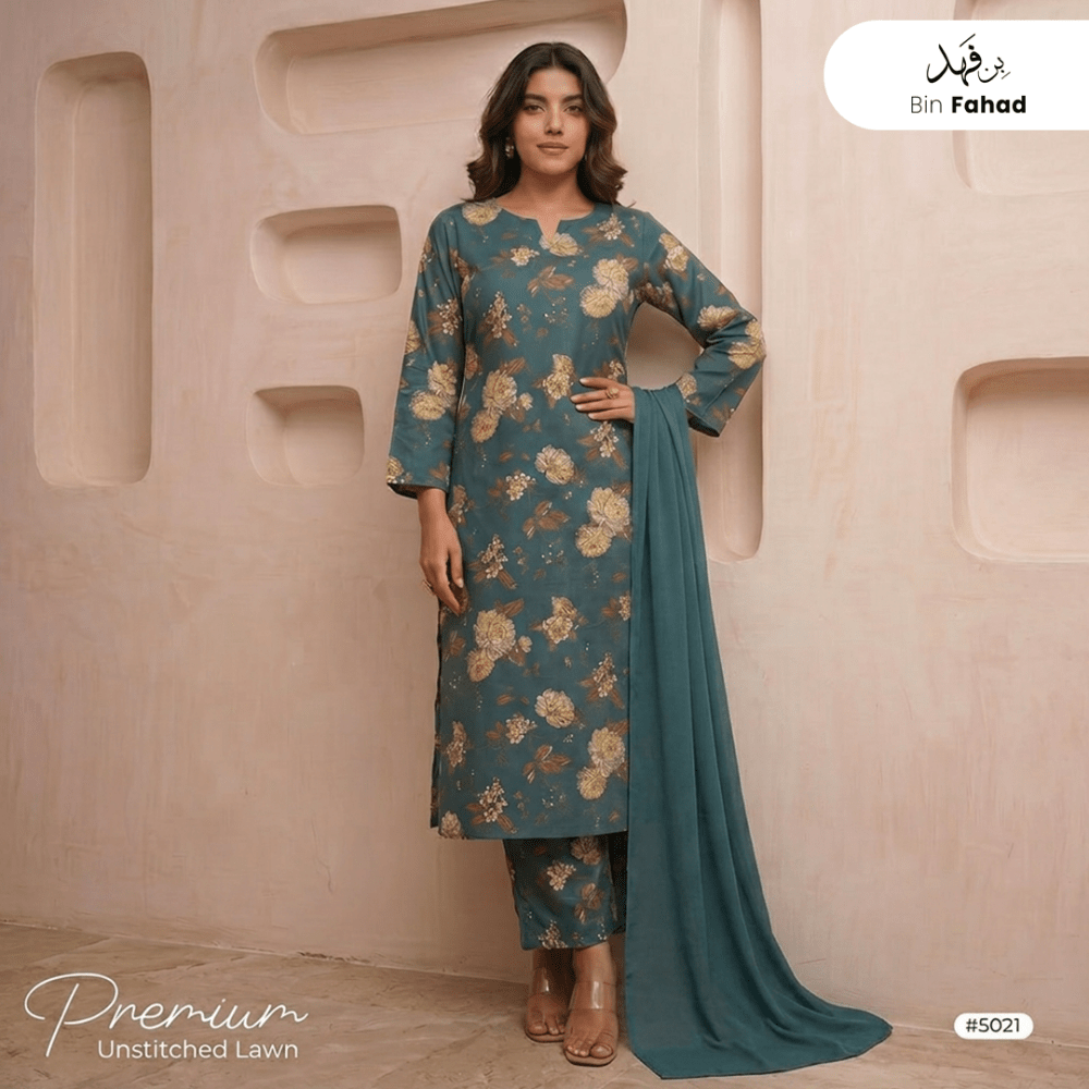 3pcs Premium Lawn Unstitched D-5021 - Bin Fahad