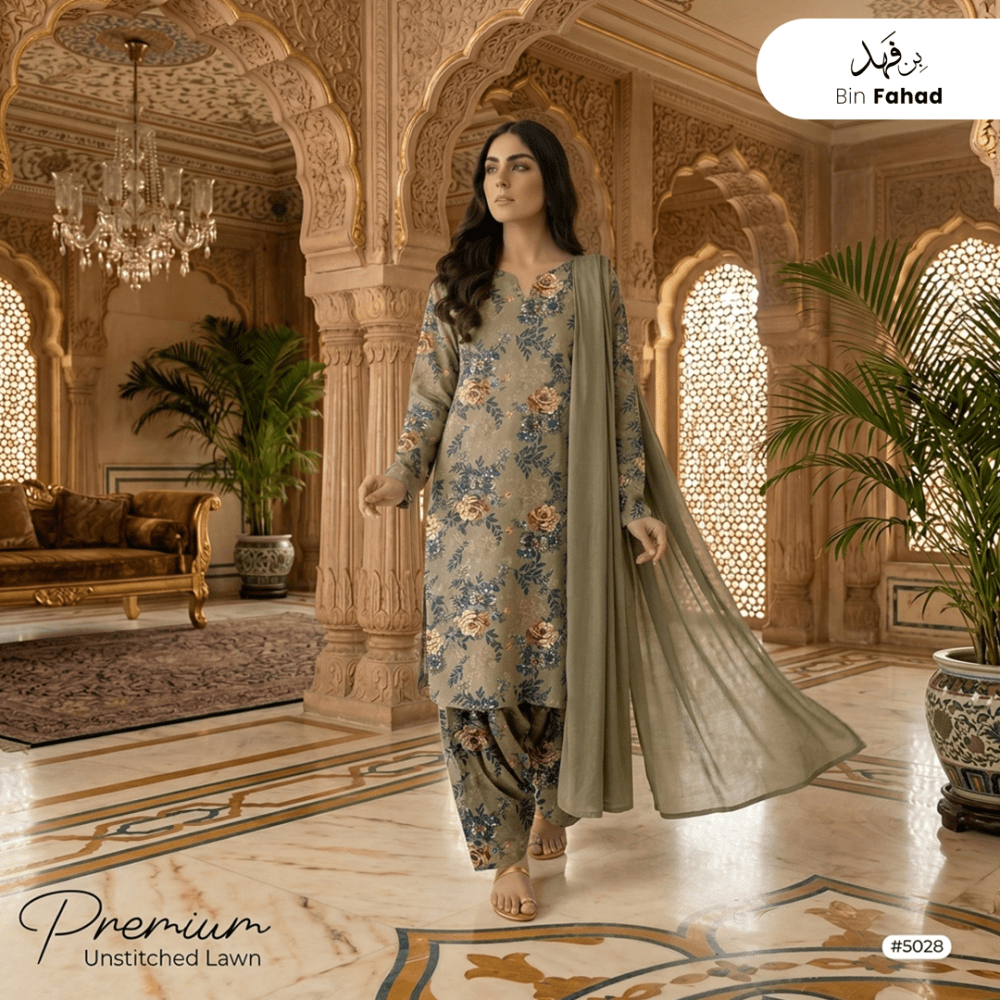 3pcs Premium Lawn Unstitched D-5028 - Bin Fahad