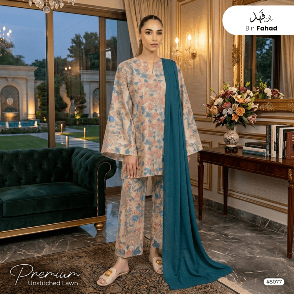 3pcs Premium Lawn Unstitched D-5077 - Bin Fahad