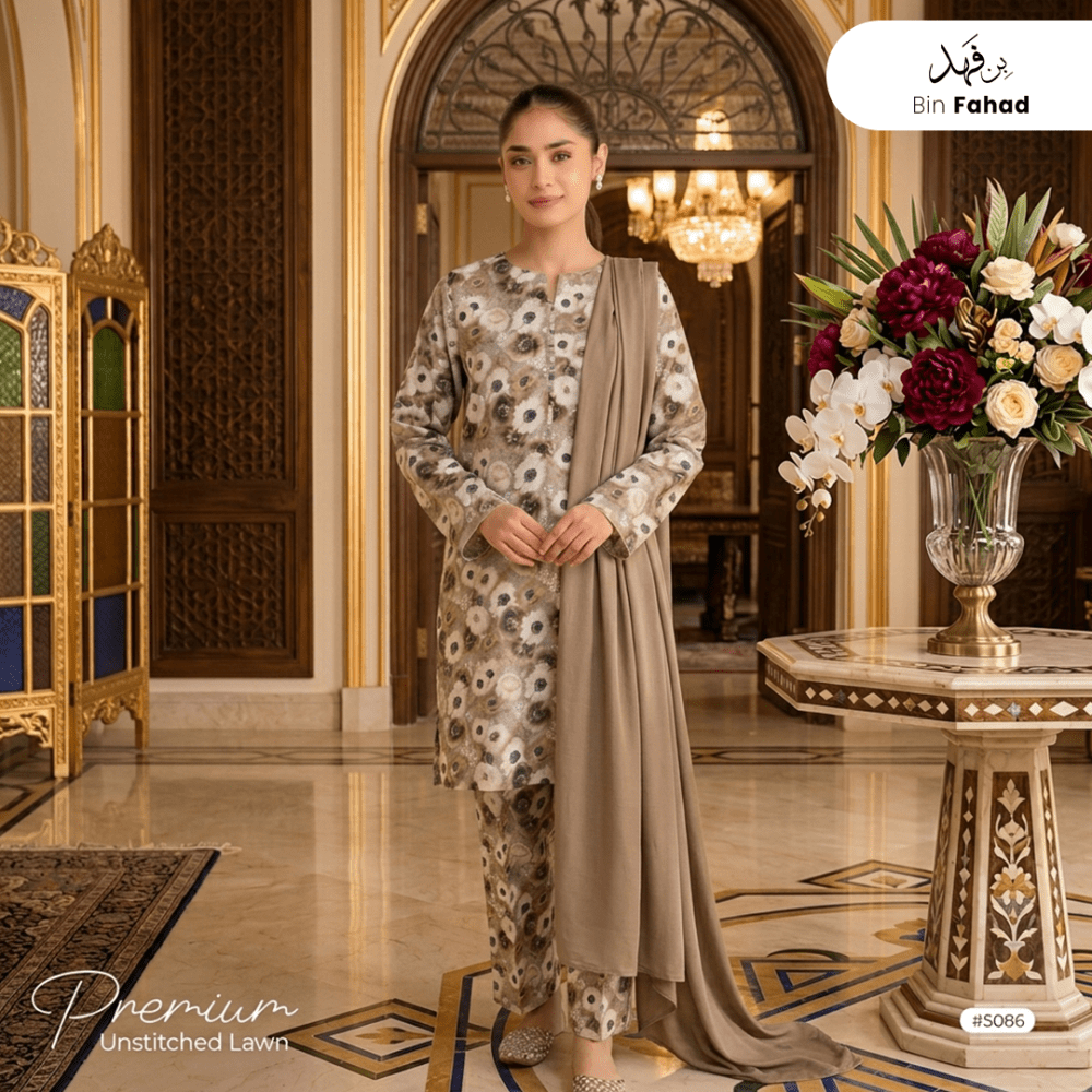 3pcs Premium Lawn Unstitched D-5086 - Bin Fahad