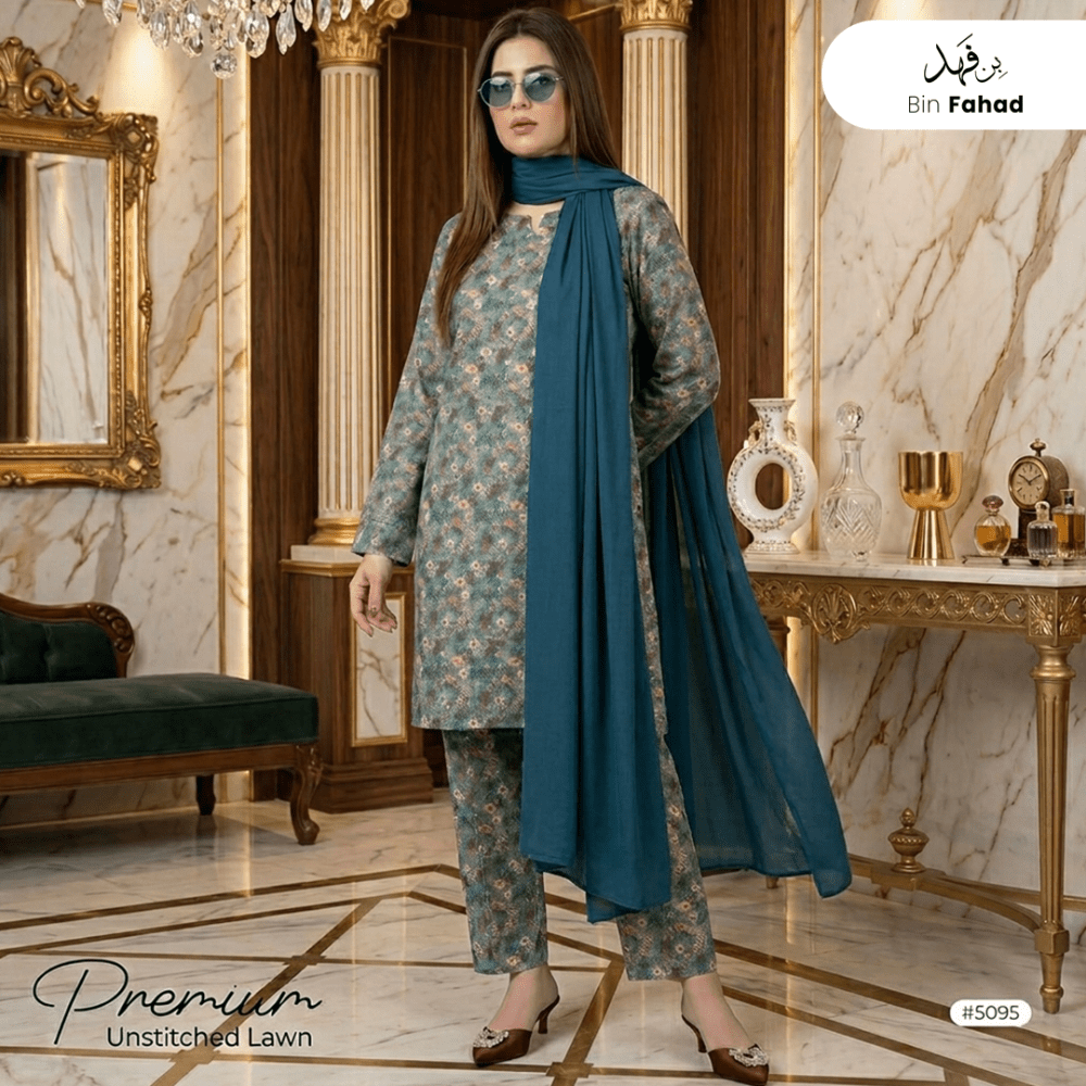 3pcs Premium Lawn Unstitched D-5095 - Bin Fahad