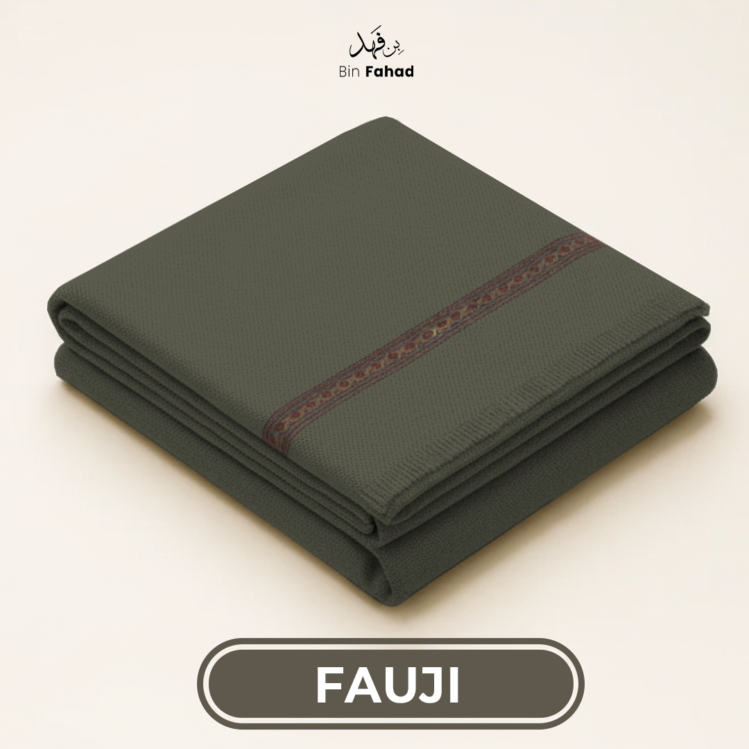 Folded green fabric with a brown border on a beige background, featuring the 'FAUJI' brand.