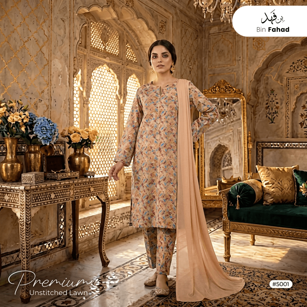 3pcs Premium Lawn Unstitched D-5001 - Bin Fahad
