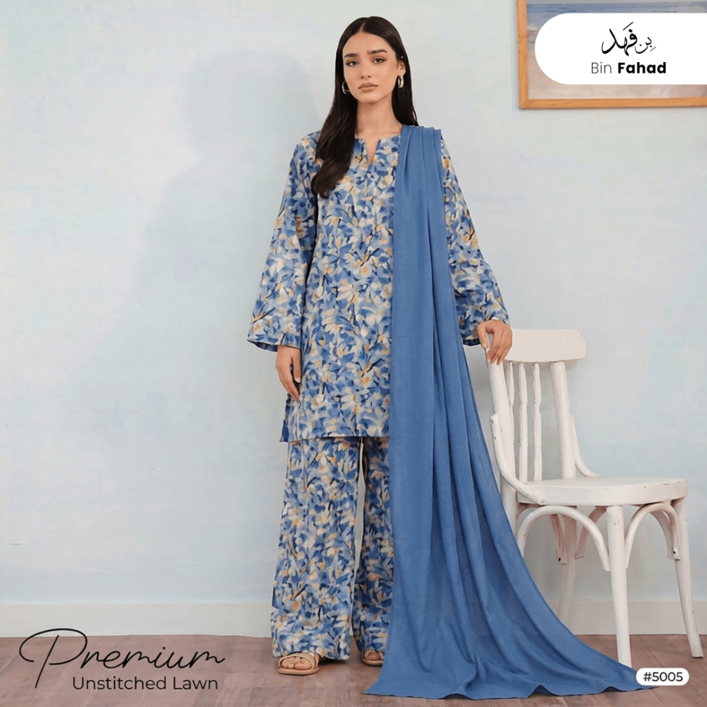 3pcs Premium Lawn Unstitched D-5005 - Bin Fahad