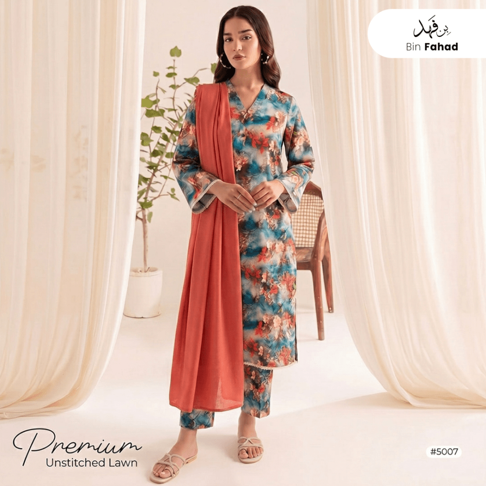 3pcs Premium Lawn Unstitched D-5007 - Bin Fahad