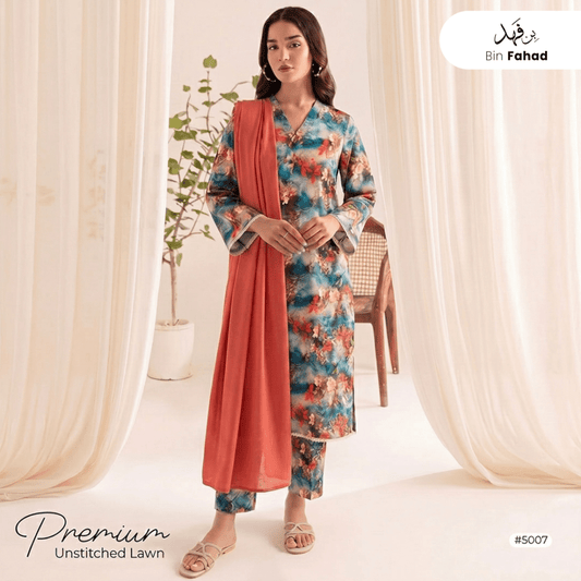 3pcs Premium Lawn Unstitched D-5007 - Bin Fahad