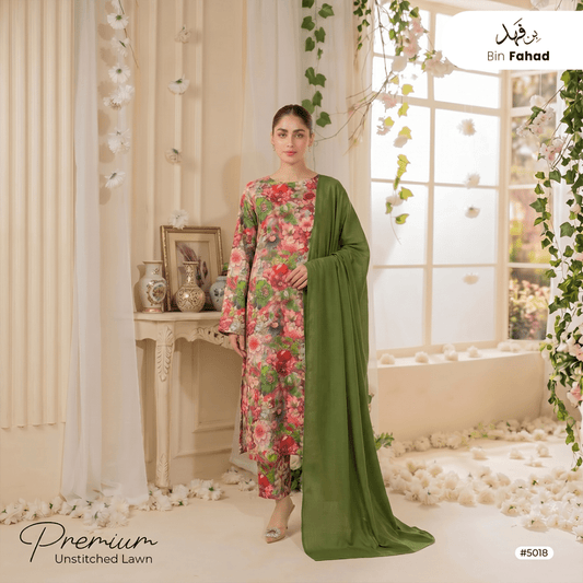 3pcs Premium Lawn Unstitched D-5018 - Bin Fahad