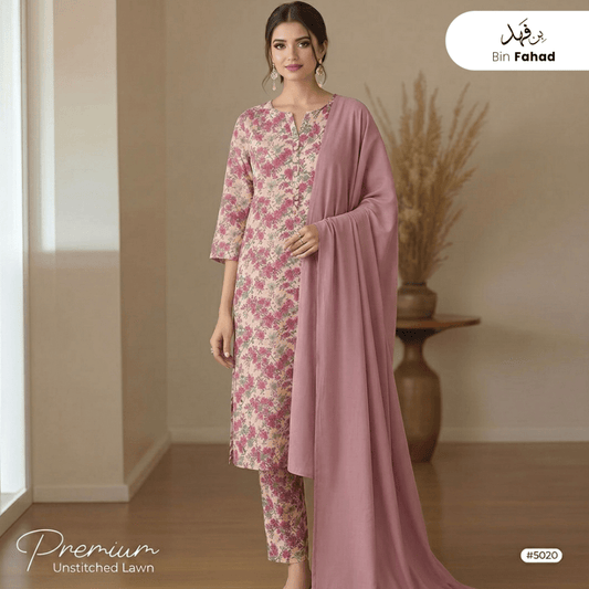 3pcs Premium Lawn Unstitched D-5020 - Bin Fahad