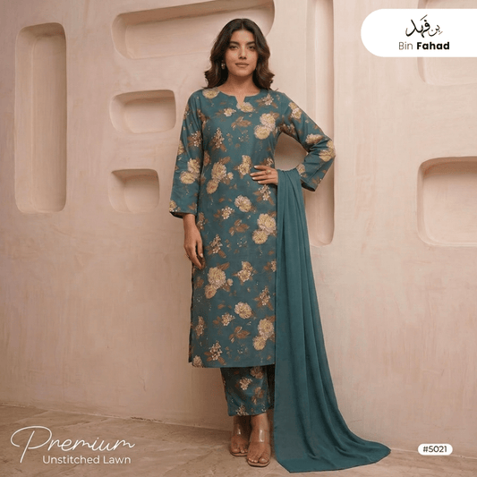 3pcs Premium Lawn Unstitched D-5021 - Bin Fahad