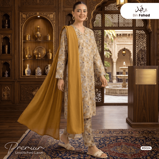 3pcs Premium Lawn Unstitched D-5024 - Bin Fahad