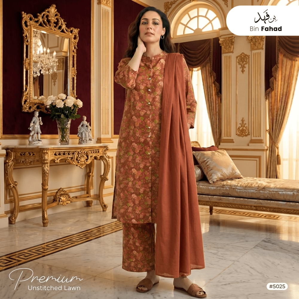 3pcs Premium Lawn Unstitched D-5025 - Bin Fahad