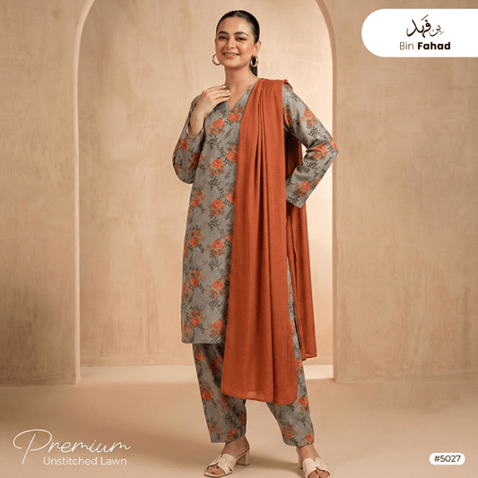 3pcs Premium Lawn Unstitched D-5027 - Bin Fahad