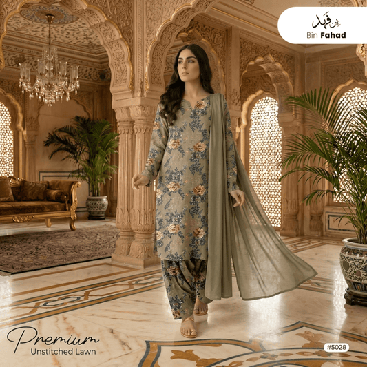 3pcs Premium Lawn Unstitched D-5028 - Bin Fahad
