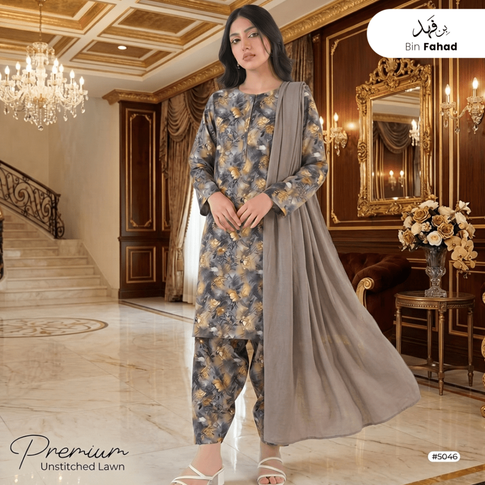 3pcs Premium Lawn Unstitched D-5046 - Bin Fahad