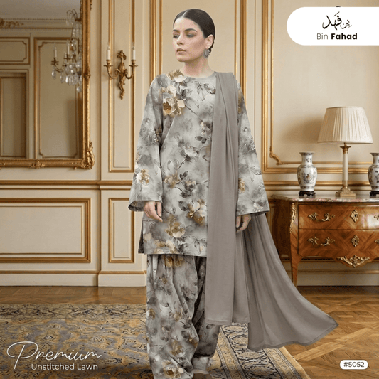 3pcs Premium Lawn Unstitched D-5052 - Bin Fahad