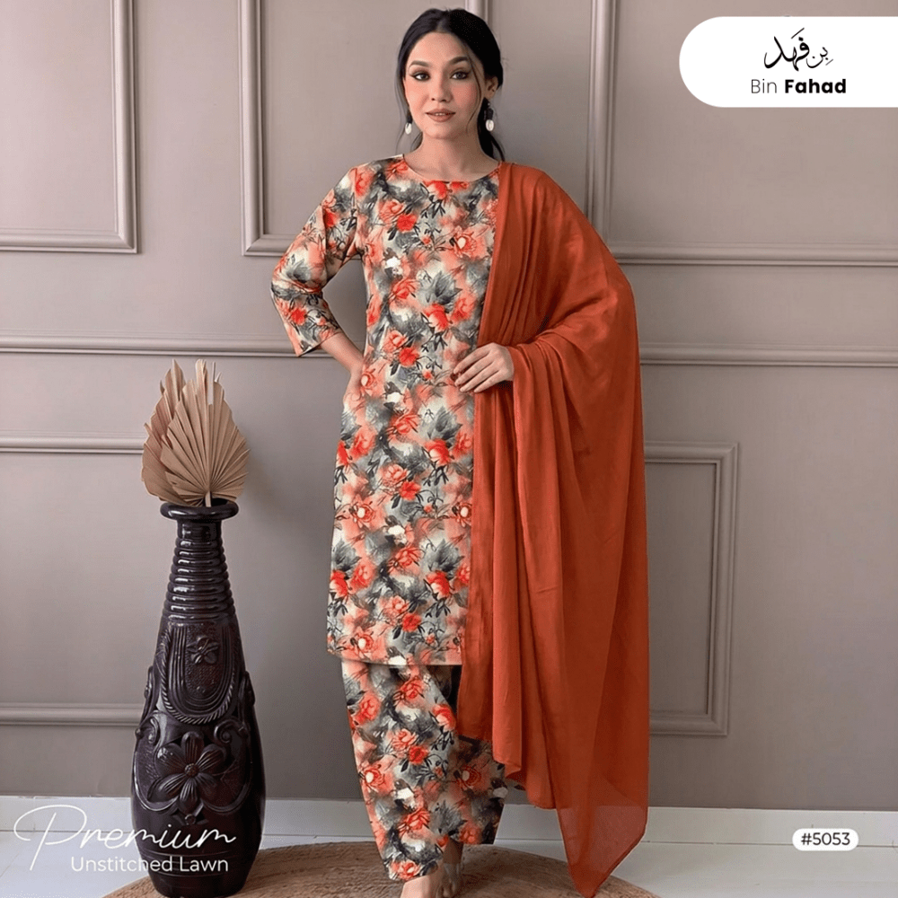 3pcs Premium Lawn Unstitched D-5053 - Bin Fahad