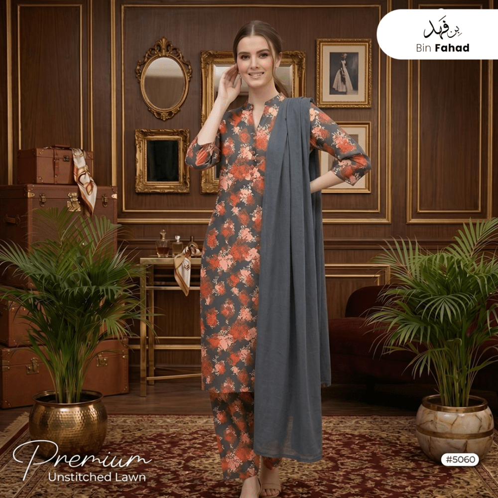 3pcs Premium Lawn Unstitched D-5060 - Bin Fahad