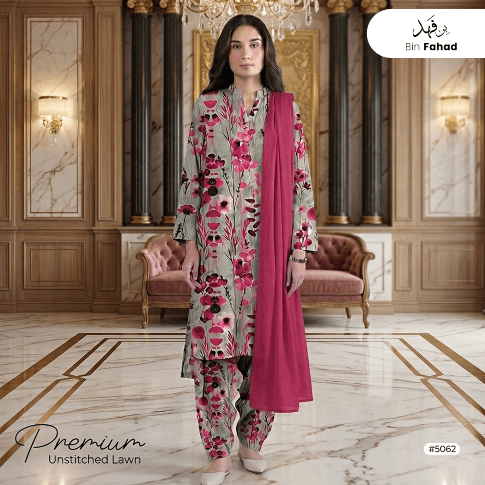 3pcs Premium Lawn Unstitched D-5062 - Bin Fahad