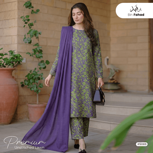 3pcs Premium Lawn Unstitched D-5069 - Bin Fahad