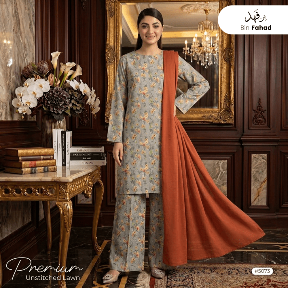 3pcs Premium Lawn Unstitched D-5073 - Bin Fahad