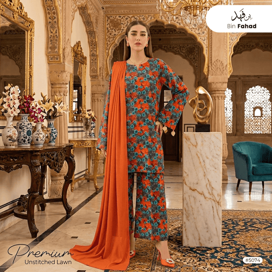 3pcs Premium Lawn Unstitched D-5074 - Bin Fahad
