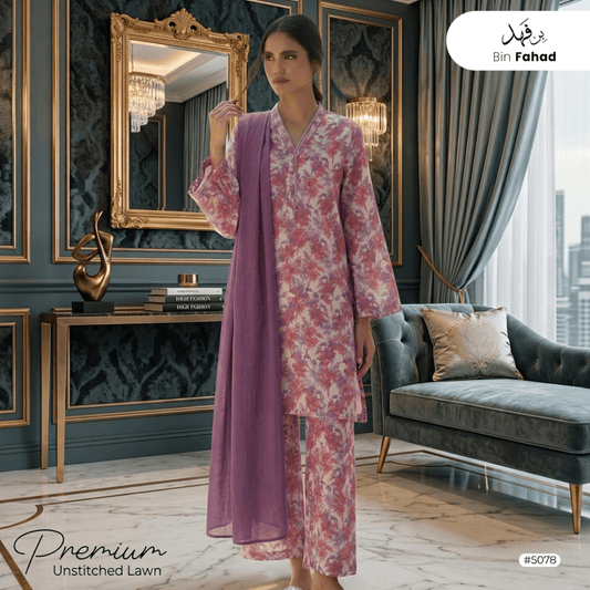 3pcs Premium Lawn Unstitched D-5078 - Bin Fahad