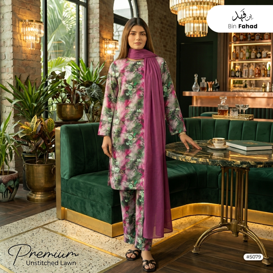 3pcs Premium Lawn Unstitched D-5079 - Bin Fahad
