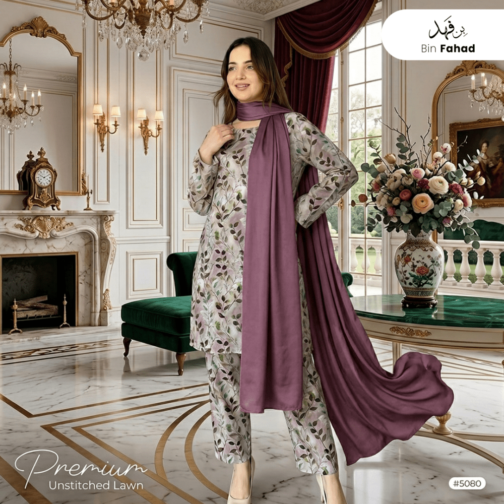 3pcs Premium Lawn Unstitched D-5080 - Bin Fahad