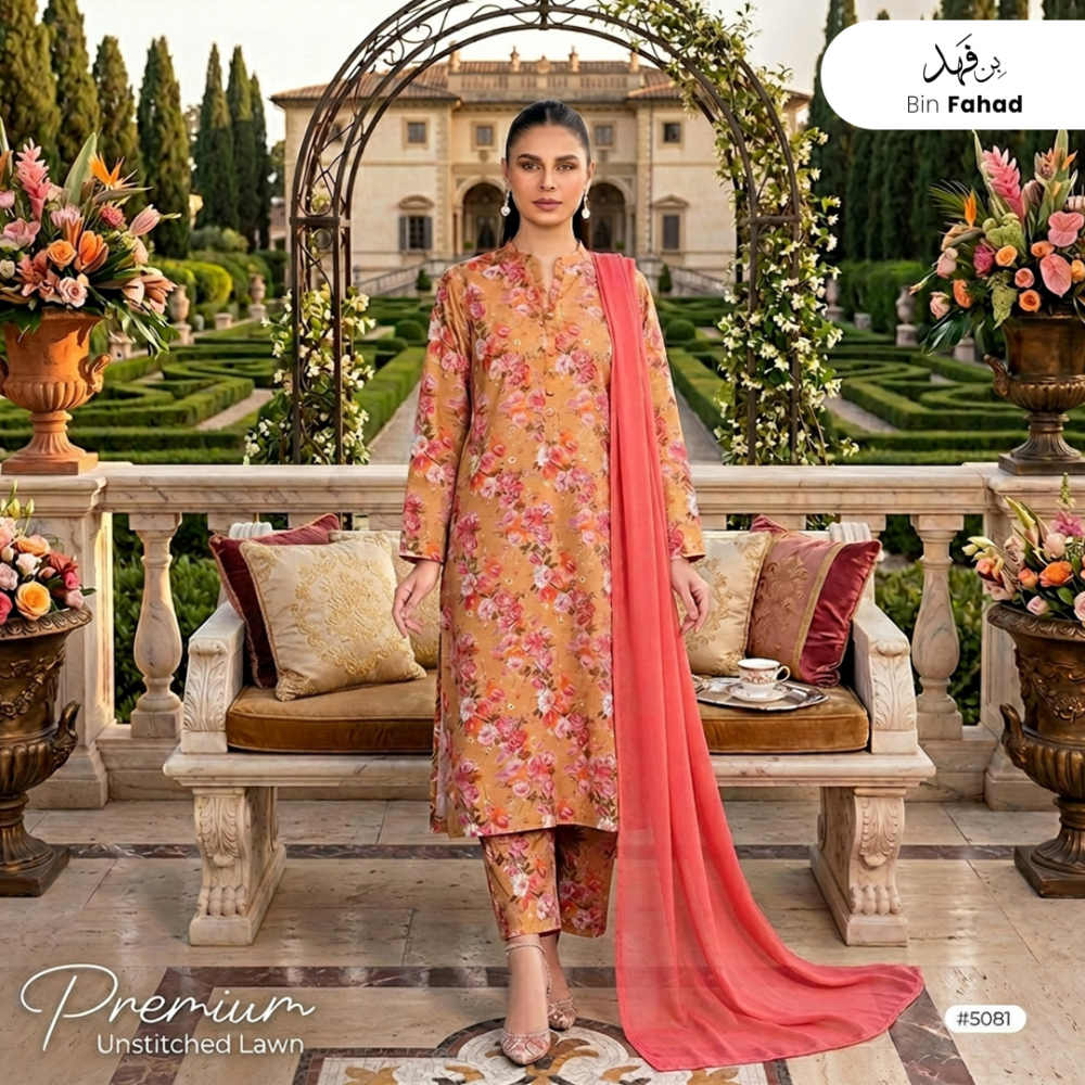 3pcs Premium Lawn Unstitched D-5081 - Bin Fahad