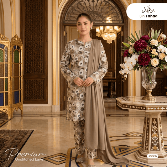 3pcs Premium Lawn Unstitched D-5086 - Bin Fahad