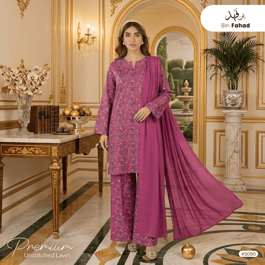 3pcs Premium Lawn Unstitched D-5090 - Bin Fahad