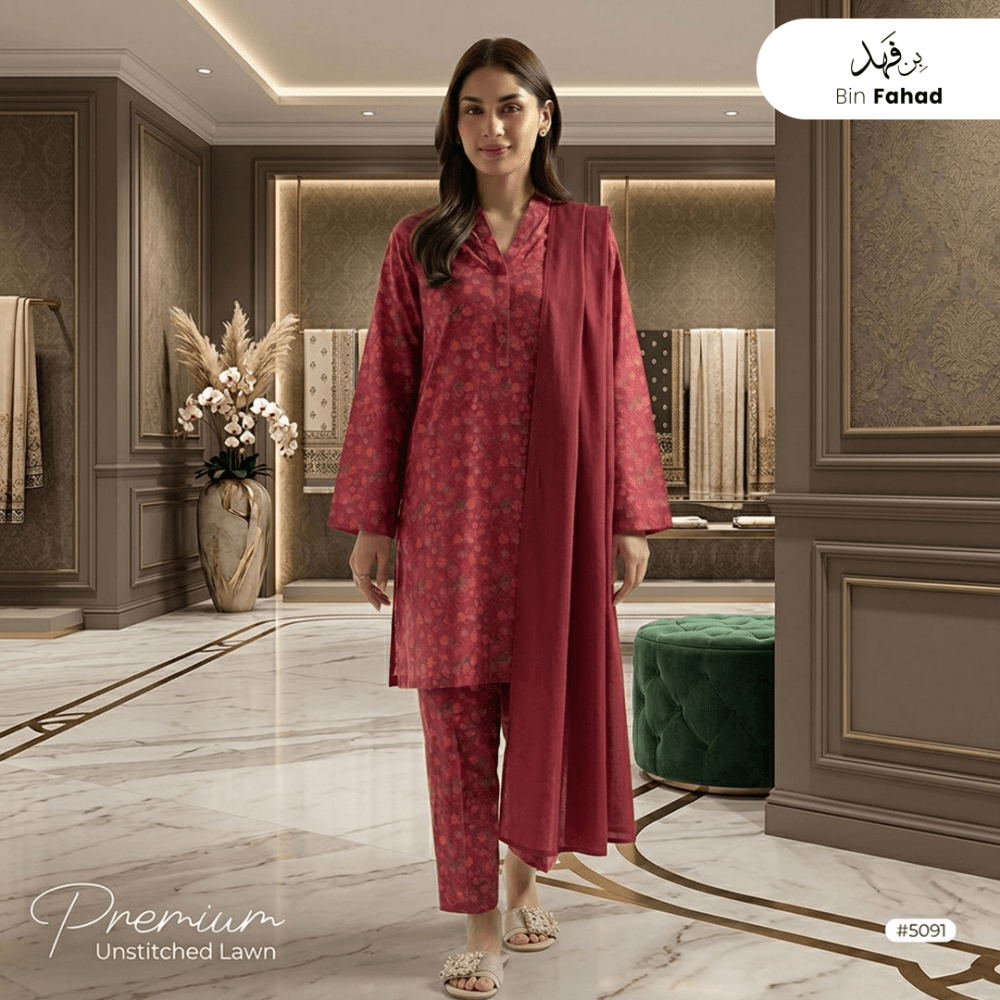 3pcs Premium Lawn Unstitched D-5091 - Bin Fahad