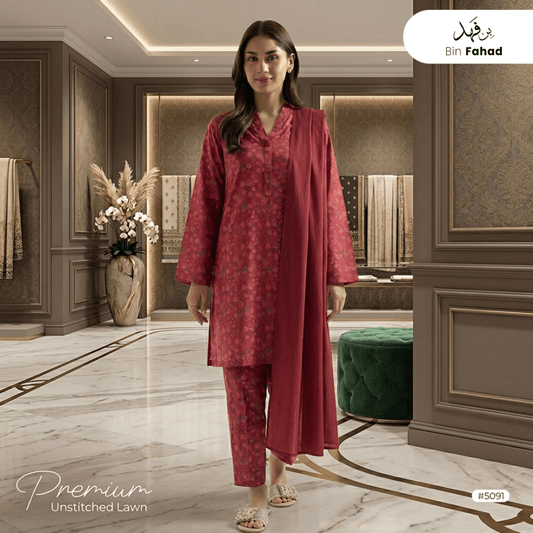 3pcs Premium Lawn Unstitched D-5091 - Bin Fahad