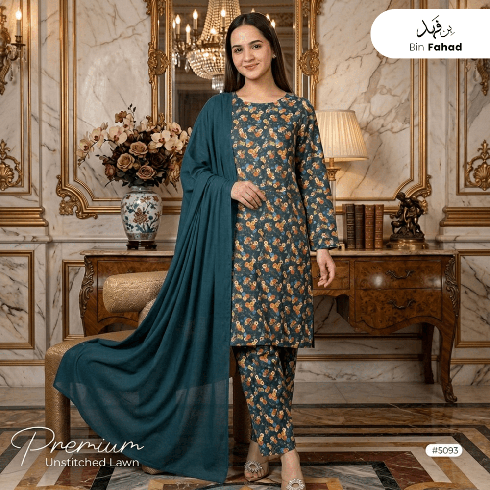 3pcs Premium Lawn Unstitched D-5093 - Bin Fahad
