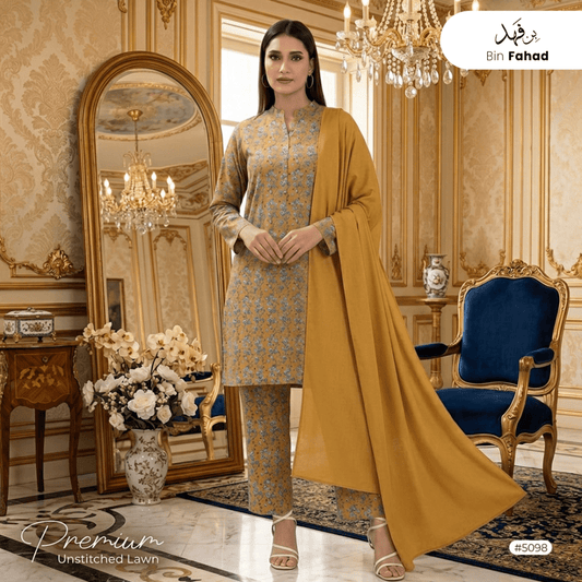 3pcs Premium Lawn Unstitched D-5098 - Bin Fahad
