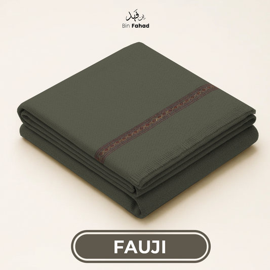 Folded green fabric with a brown border on a beige background, featuring the 'FAUJI' brand.