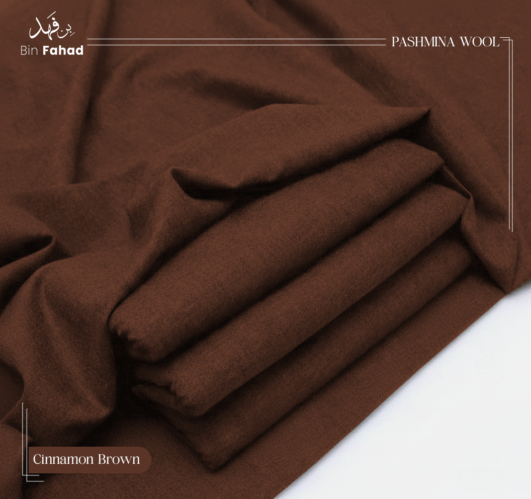 Brown pashmina wool fabric on a white background with 'Bin Fahad' branding.