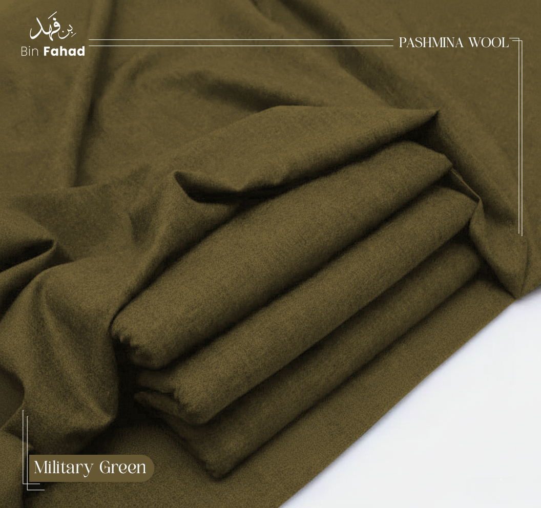 Folded pashmina wool fabric in military green color on a white background