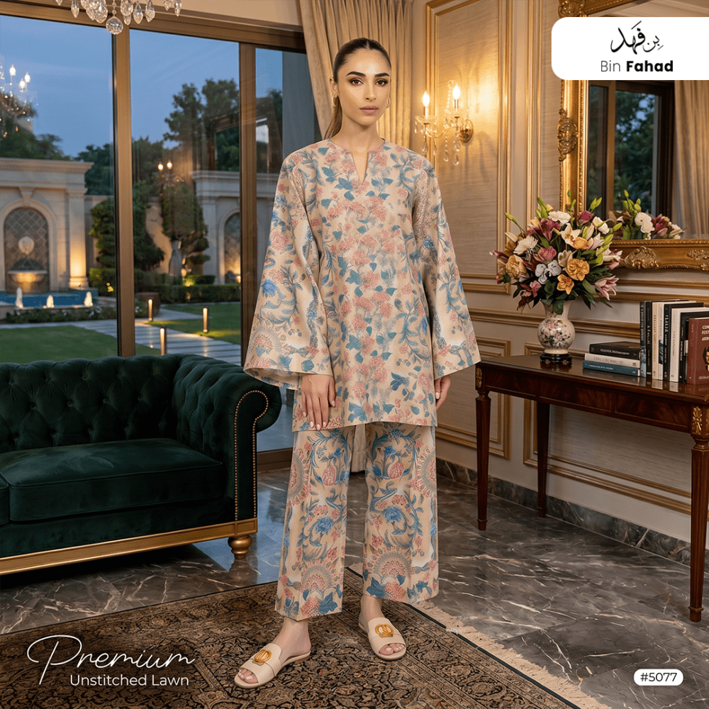 Premium Lawn Unstitched 2pcs (Shirt & Trouser) 5077 - Bin Fahad